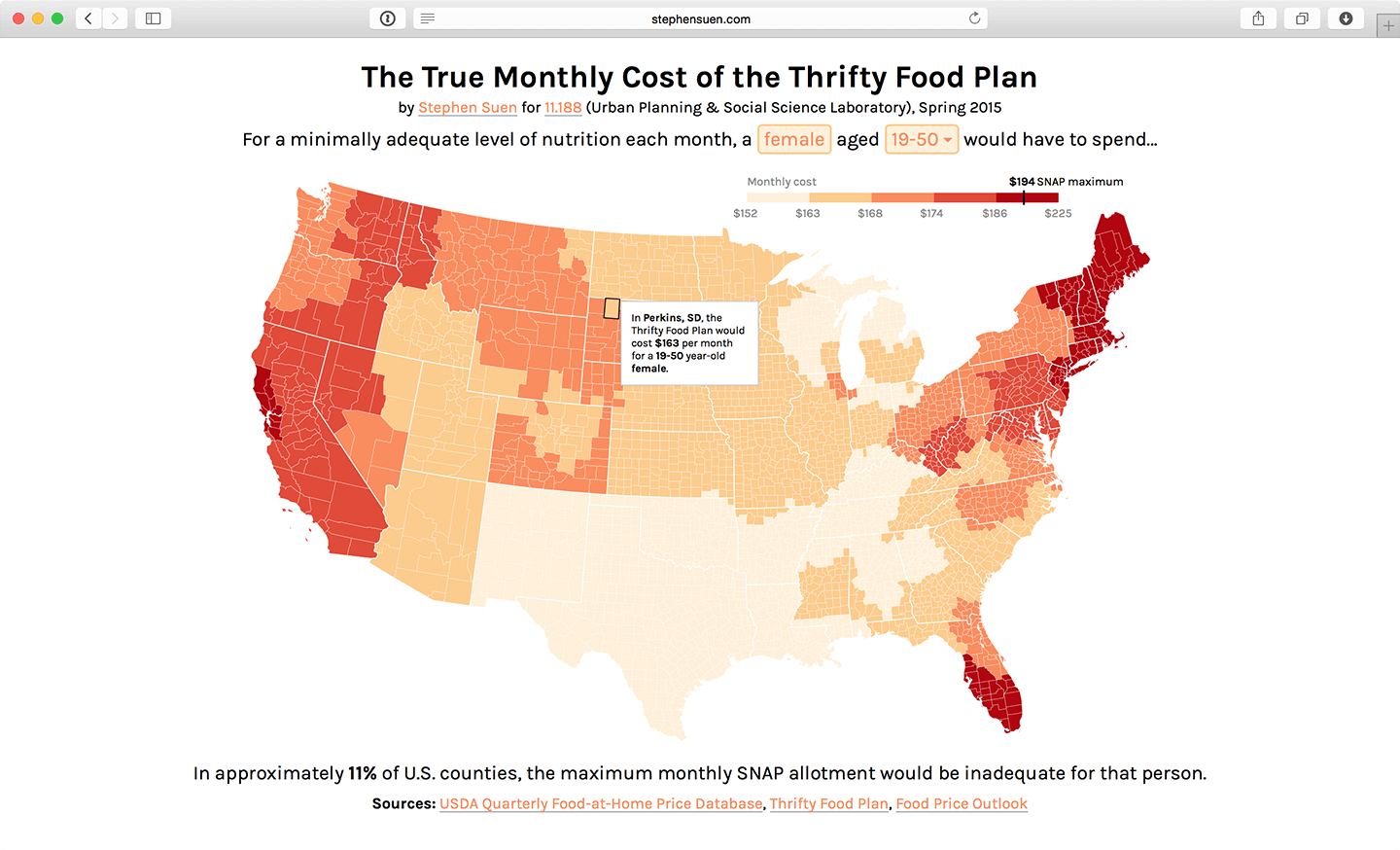 Choropleth map of the estimated cost of the Thrifty Food Plan, the U.S. government's minimum viable diet
