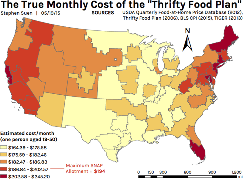 Static map of the cost of the Thrifty Food Plan, created in ArcGIS