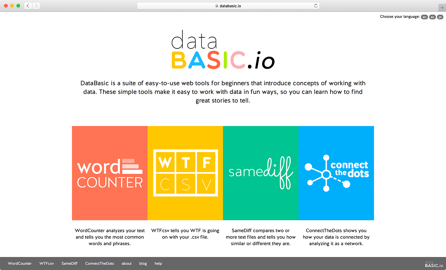 The four current DataBasic tools: WordCounter, WTFcsv, SameDiff, and ConnectTheDots